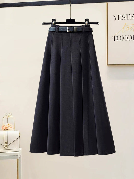 Gray Woolen Pleats Over The Knee Skirt Women Autumn Slimming High Waist Mid Length Umbrella Skirt