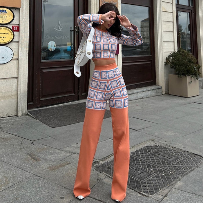 Women Clothing Autumn Winter National Printed Plaid Long Sleeve Short Top High Waist Straight Leg Pants Sets