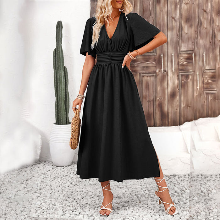 Women Ruffle Sleeve High Slit Elastic Waist Dress Solid Color Maxi Dress Summer Women Sense of Youth