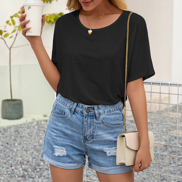 Women Clothing Summer Simple Elegant Sexy Hollow Out Cutout Lace Stitching round Neck Short Sleeve T-shirt for Women