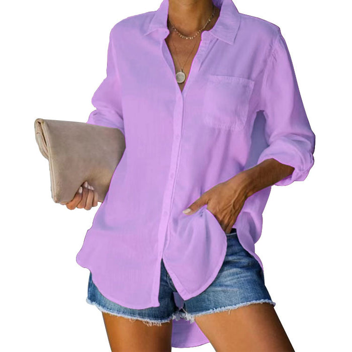 Women Shirt Solid Color Casual Loose Breasted Shirt Women Clothing