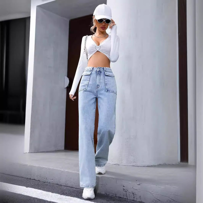 Women Clothing Straight Pocket High Waist Denim Trousers