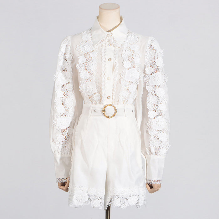 French Elegant Summer Polo Collar Embroidered Lace Shirt Shorts Set Women