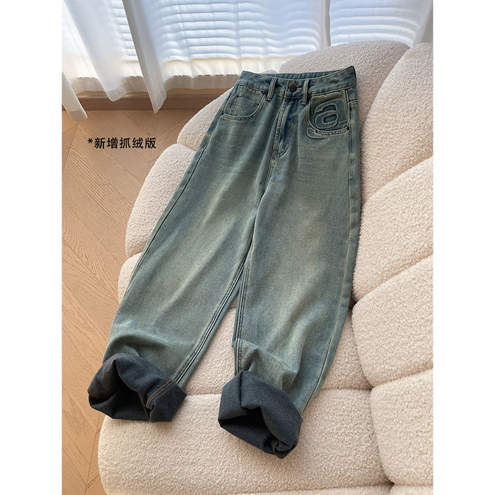 French Fashionable Letters Early Autumn Special Washed Straight Jeans Slim Wide Leg Pants