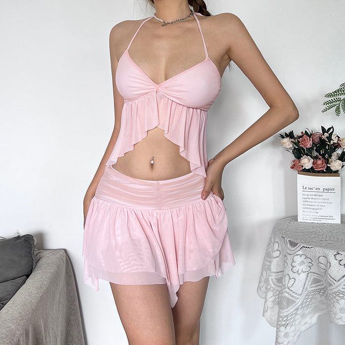 Summer Women Collection Sexy See through Lace up Vest High Waist All Matching Skirt Set Women