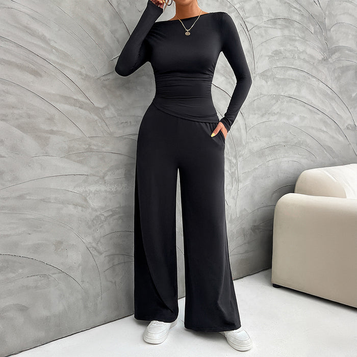 Autumn Winter Women Clothing Slim Long Sleeve Top Wide Leg Trousers Set