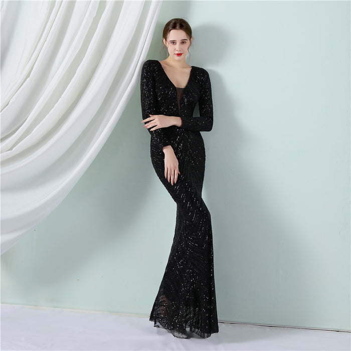 Positioning Floral Sequin Evening Dress Women Banquet Elegant Long Sleeve Sequined Queen Fishtail Dress