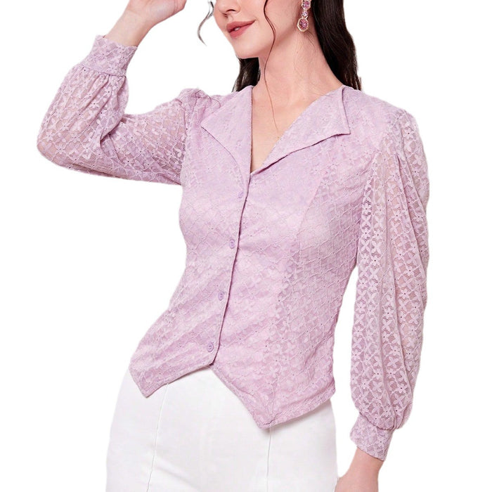 V Neck Shirt Women Lantern Sleeve Office Digital Printing Office Simple