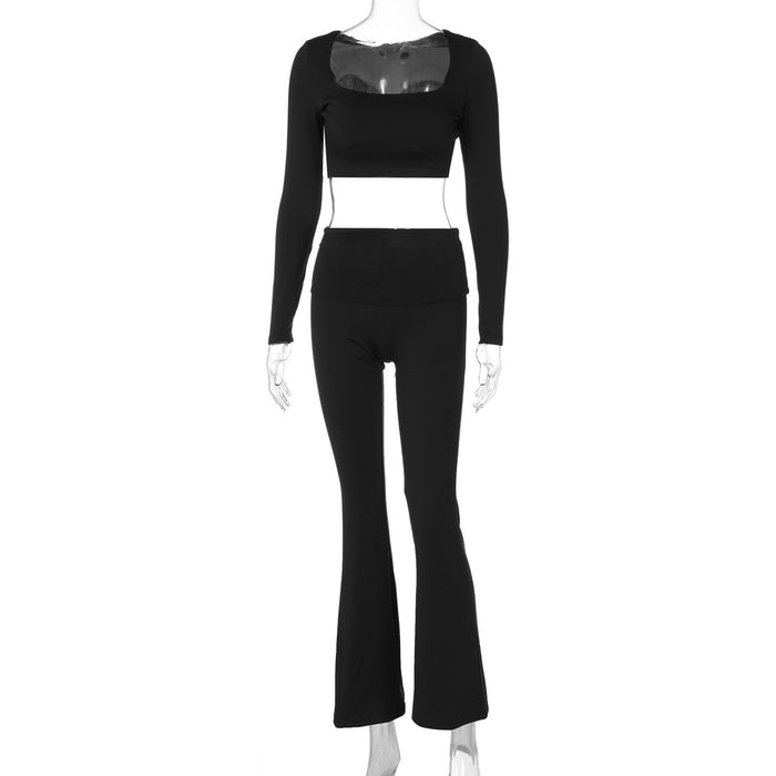 Fall Women Clothing Solid Color Long Sleeve Square Neck Slim Fit Flared Pants Sports Casual Set Women