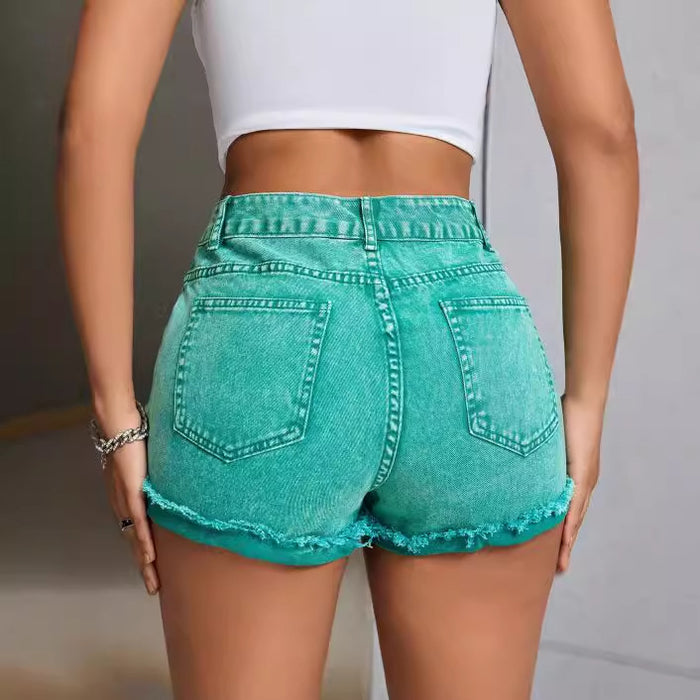 Women Clothing High Waist Loose Slimming Raw Hem Jeans Shorts