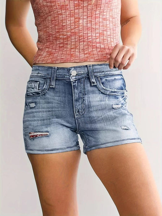 Embroidered Washed Denim Shorts Women Pants