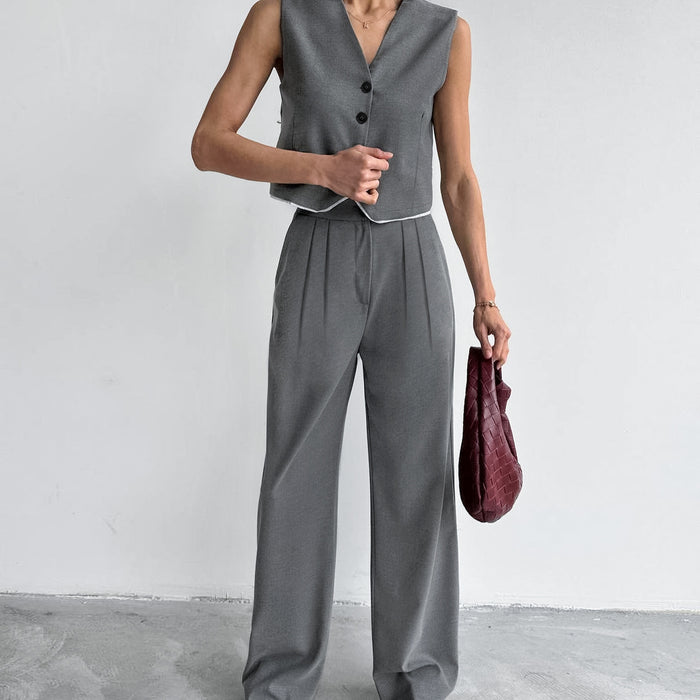 Gray Sleeveless Vest Waistcoat Trousers Summer Two Piece Set