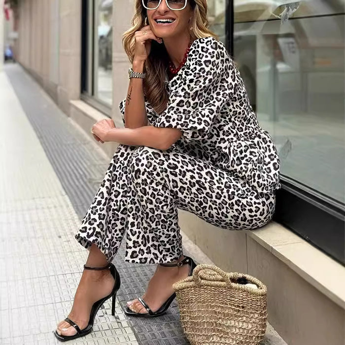 Casual Printing Leopard Cardigan Trousers Two Piece Suit