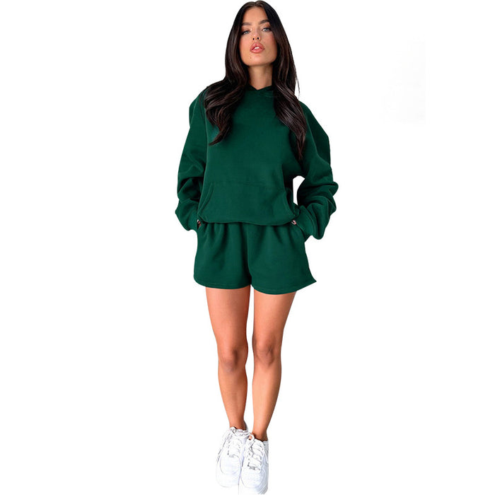 Autumn Winter Solid Color Long-Sleeved Hooded Sweaters Women Clothing Two Piece Casual Shorts sets