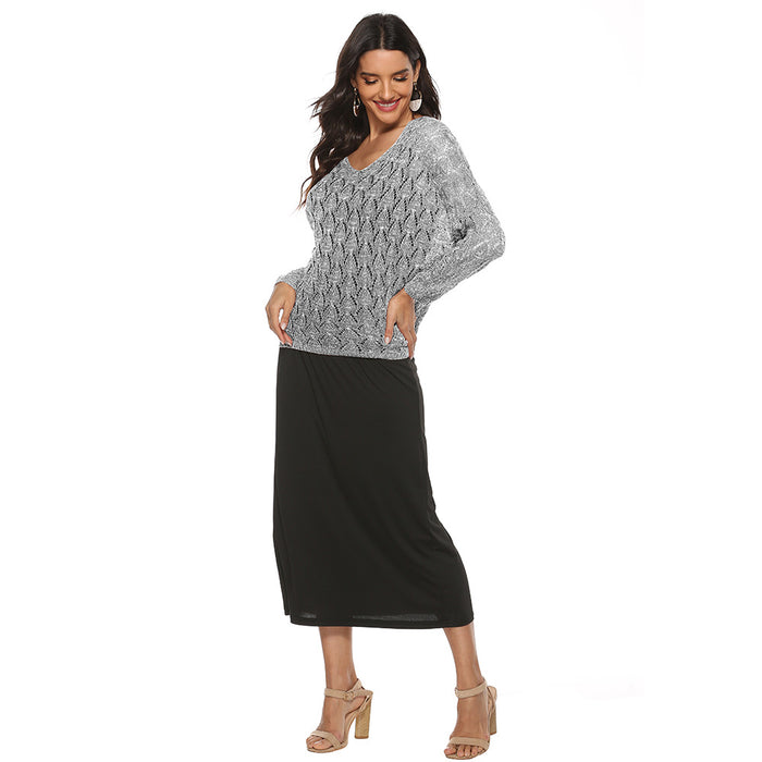 Spring Autumn Women Clothing V-neck Batwing Sleeve Pullover Long Sleeve Knitwear Skirt Set