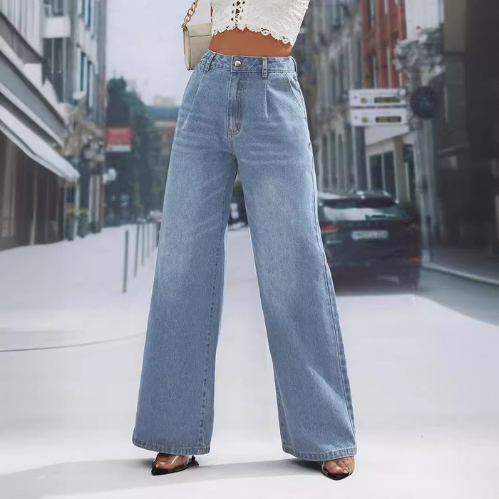 Women Clothing Denim Fashionable Figure Flattering High Waist Wide Leg Straight Denim Trousers