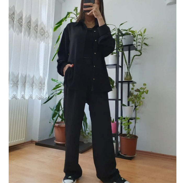 Women Clothing Solid Color Loose Top Casual Wide Leg Pants Women Two Piece Suit