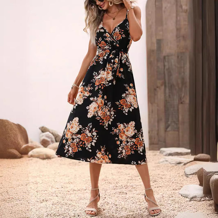 Women Clothing Summer Printed Waist Strap Dress