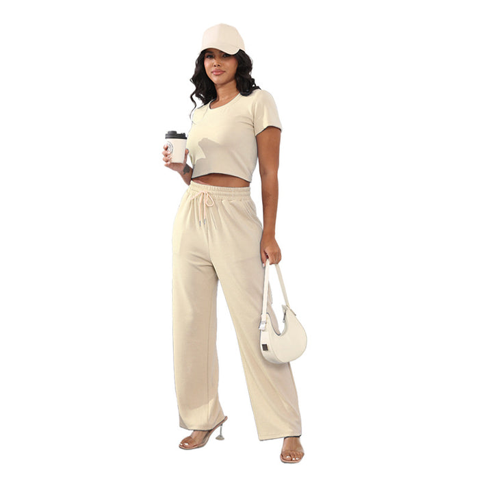 Summer Round Neck Short Sleeved Women Clothing Two Piece Suit Casual Wide Leg Pants Suit Cotton