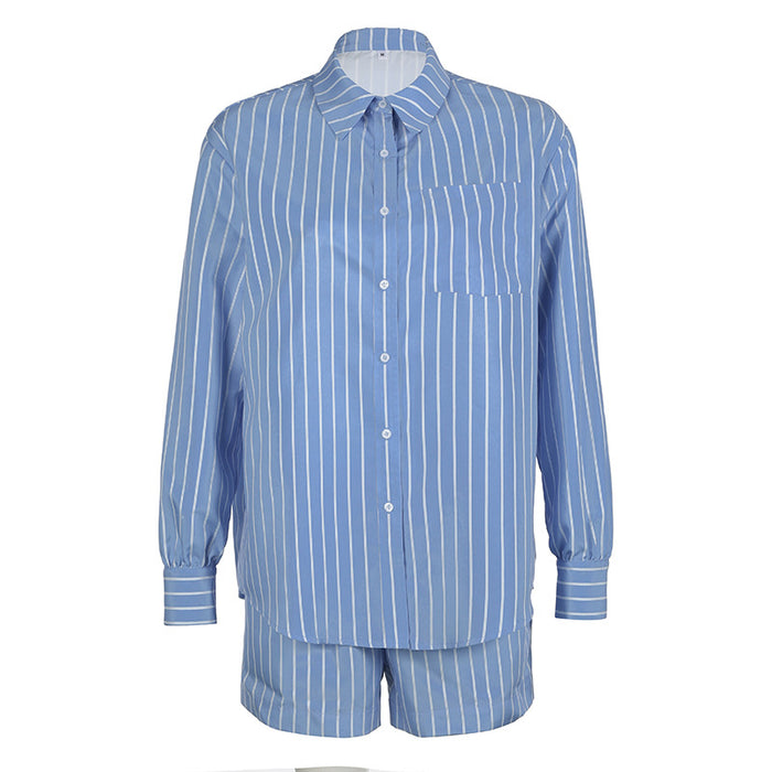 Blue Striped Collared Loose Long Sleeved Shirt Street Shooting Casual Mid Waist Shorts Suit