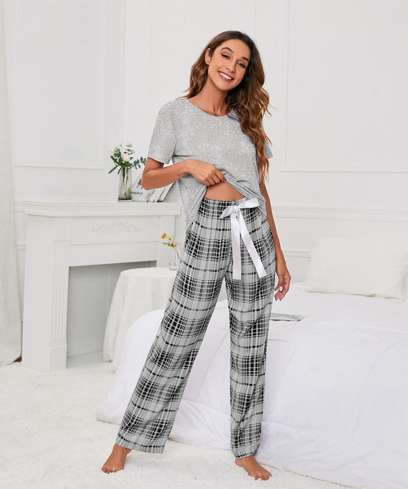 Solid Color round Neck T Printed Checks Women Casual Suit Homewear Pajamas Women