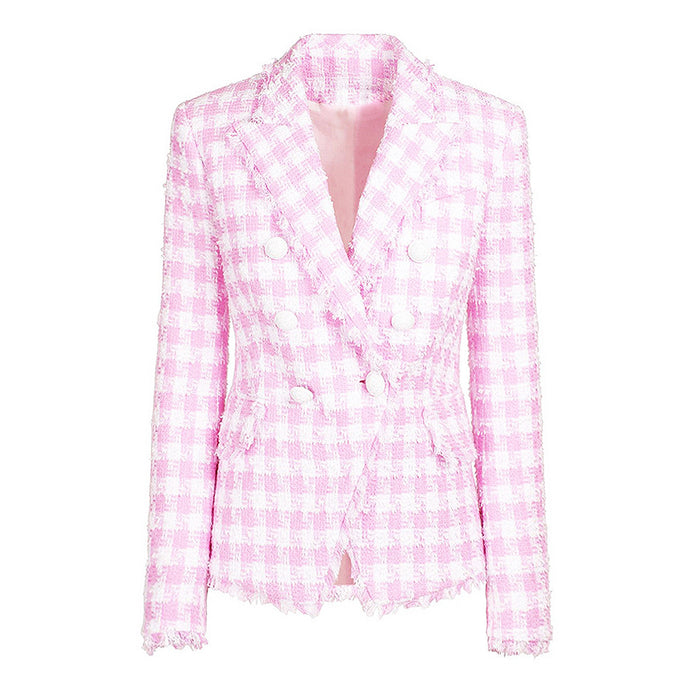 Autumn Winter Classic Houndstooth Tweed Women Business Blazer Woolen Jacket