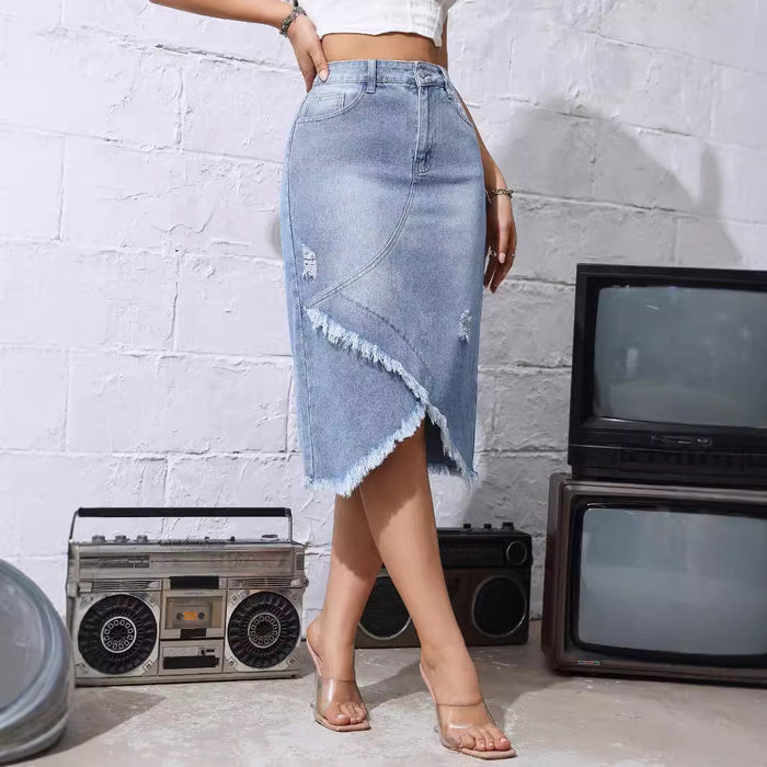 Denim Skirt Women Mid Length Raw Hem Ripped Split Skirt High Waist Slimming Hip Skirt