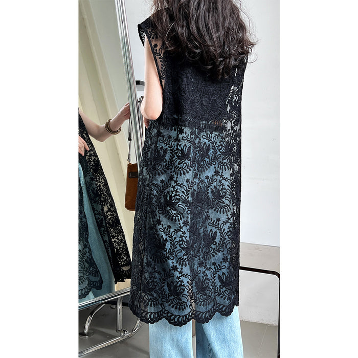 Embroidered Jacquard Cutout Blouse Vest Dress Sexy Mid Length Sleeveless Dress