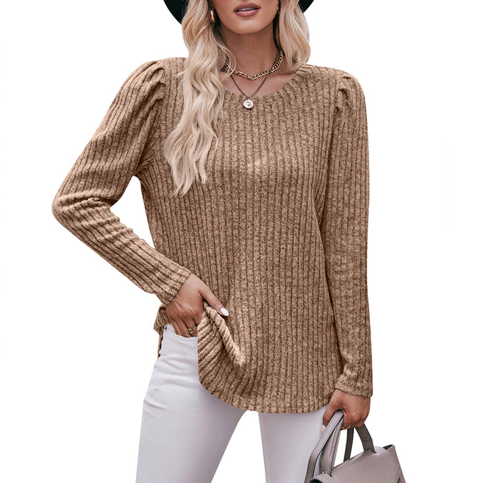 Women round-Neck Puff Sleeve Brushed Sunken Stripe Solid Color Upper Clothes Long Sleeves T-shirt