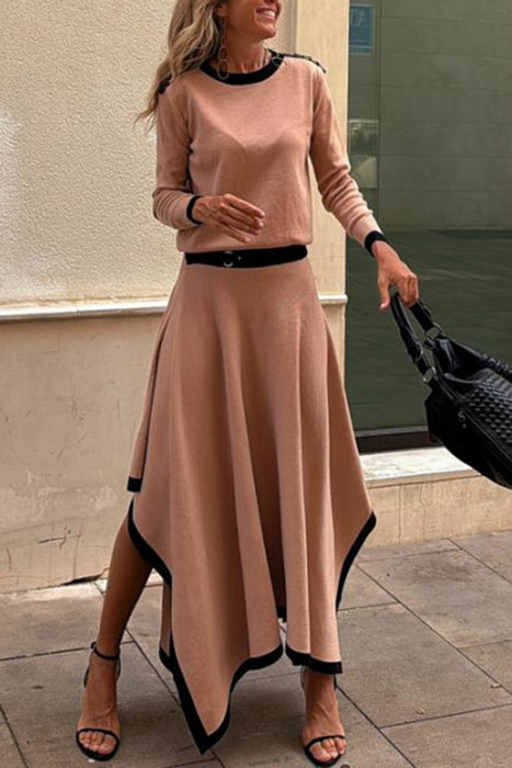 Spring Autumn Long Sleeve Irregular Asymmetric Solid Skirt Two Piece Set