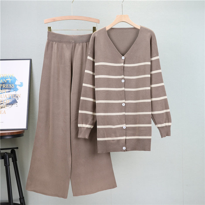 Spring Autumn Mid Length Striped Knitted Cardigan Suit Women Loose Wide Leg Pants Two Piece Set