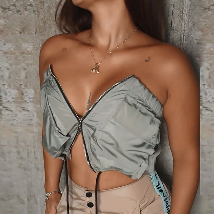 Women Clothing Summer Exclusive for Wrapped Chest Zipper Cropped Strap Sexy Street Top for Women