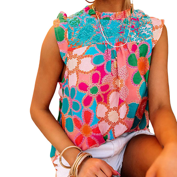 Sleeveless Ruffled Printed Top Women Floral Printed round Neck Chiffon Pullovers Women