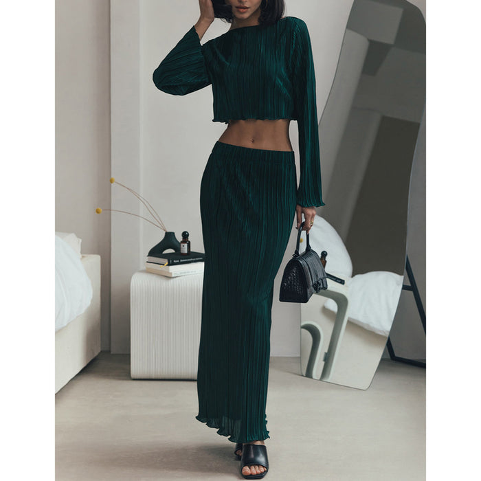 Pleated Women Suit Spring Summer Bell Sleeve Short Top Mid Length Skirt Set