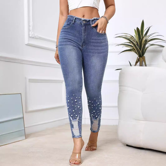 Ladies Stretch Denim Trousers Personalized Pearl Ripped Tassel Smalt