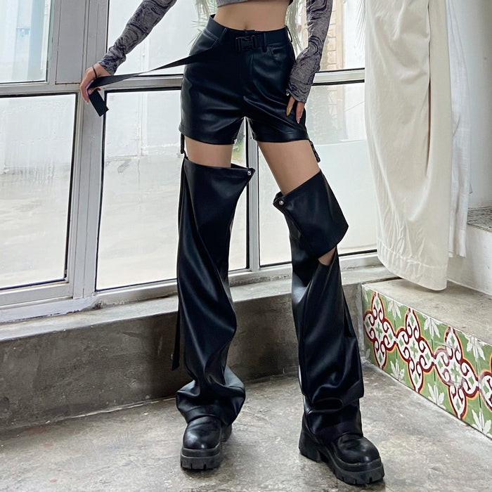 Women High Waist Straight Mopping Pants Detachable Ripped Trousers Loose Leather Pants