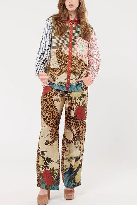 Casual Vacation Leopard Print Long Sleeved Shirt Trousers Two Piece Suit