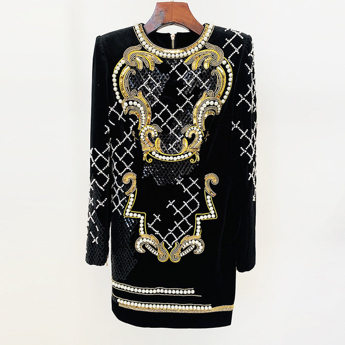 Autumn Winter Heavy Industry Embroidery Sequined Diamonds Bead Long Sleeve Gold Velvet Sheath Dress