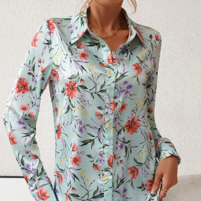 Spring Summer Holiday Floral Digital Printing Long Sleeved Shirt Women Clothing