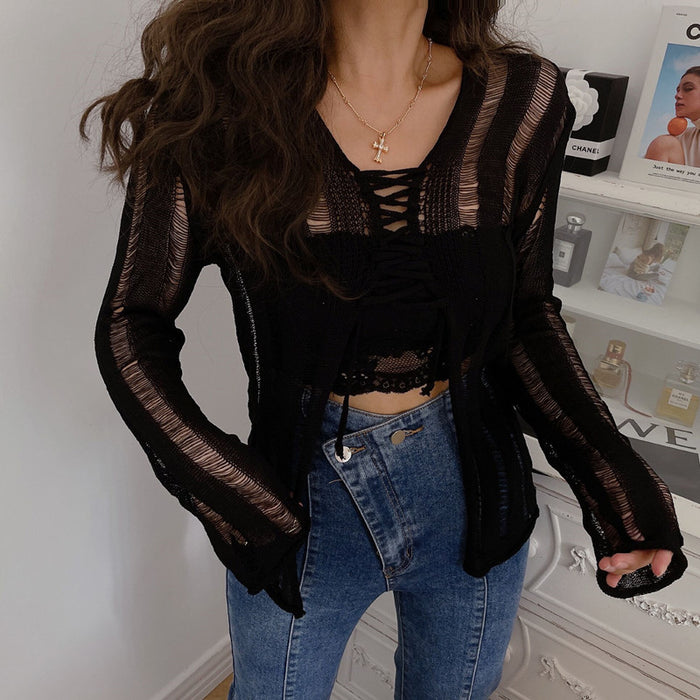 Autumn Thin Sexy Sexy Hollow Out Cutout Out V Neck Loose Long Sleeve Knitted Sweater