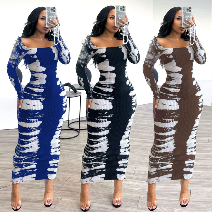 Women Sexy Elastic Hip Back Slit Printed Bodycon Dress