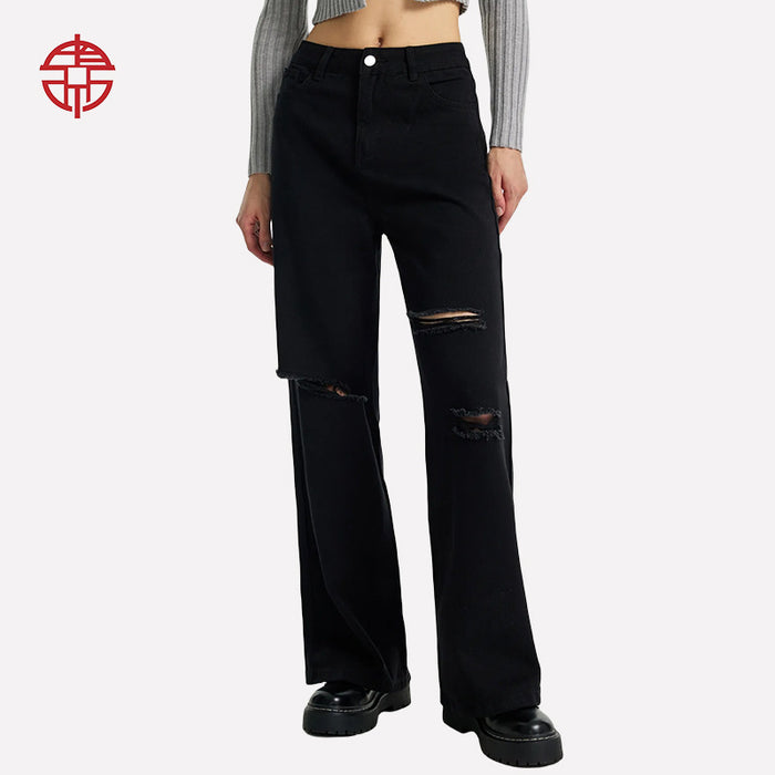 Women Wear Loose Fitting Wide Leg Trousers High Waist Ripped Jeans