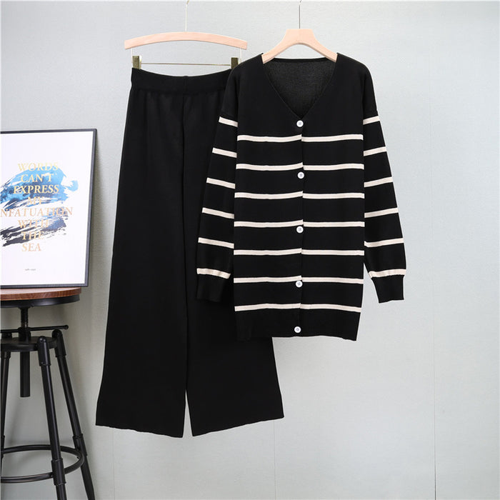 Spring Autumn Mid Length Striped Knitted Cardigan Suit Women Loose Wide Leg Pants Two Piece Set