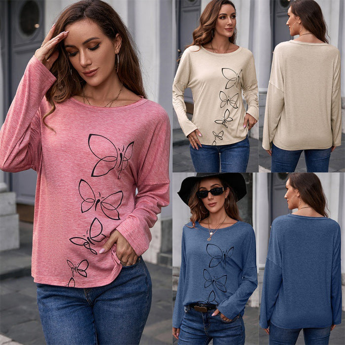 Printed round Neck Long Sleeve Pullover Loose Casual Underwear T-shirt Top Women