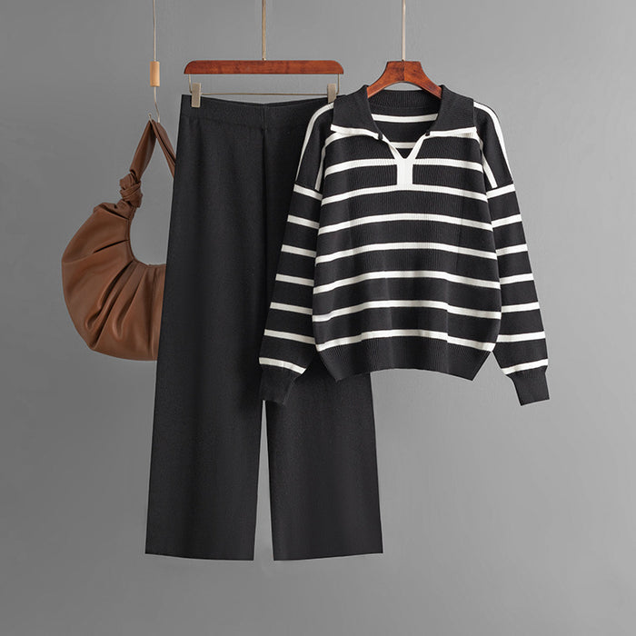 Autumn Winter Contrast Color Striped V neck Special Interest Design Knitted Top High Waist Wide Leg Pants Two Piece Set