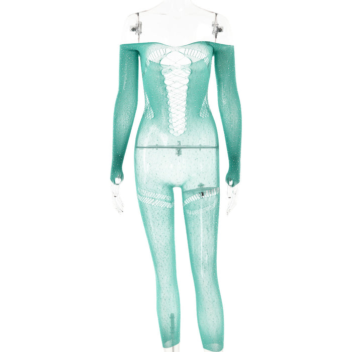 Women Sexy Rhinestone See through Hollow Out Cutout Backless Jumpsuit Long Sleeve Slim Fit Jumpsuit Summer