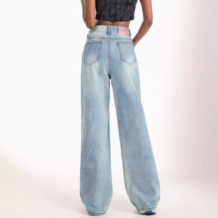 Distressed Retro Light Colored Wide Leg Jeans Women High Waist Slimming Splash Ink Design Draggle Tail Straight Trousers