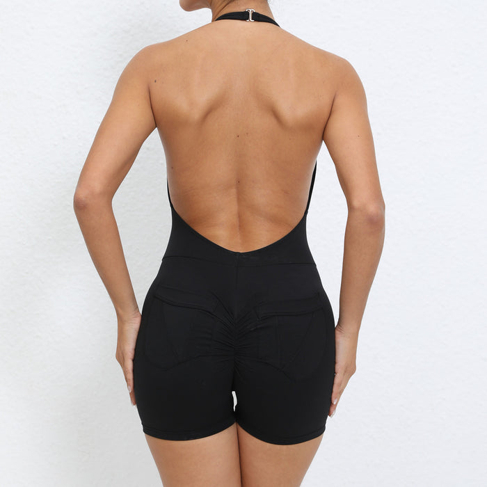 Halter Pocket Nude Feel Hip Lifting Beauty Back Yoga Jumpsuit Women Backless Fitness Sports Tight Jumpsuit