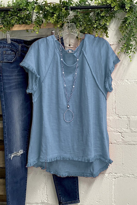 Ladies Top Solid Color Cotton Tassel Design Short Sleeve Round Neck T shirt