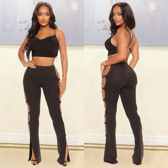 Summer Women Clothing Sexy Tight Sports Casual Hollow Out Cutout Bell Bottom Pants Trousers